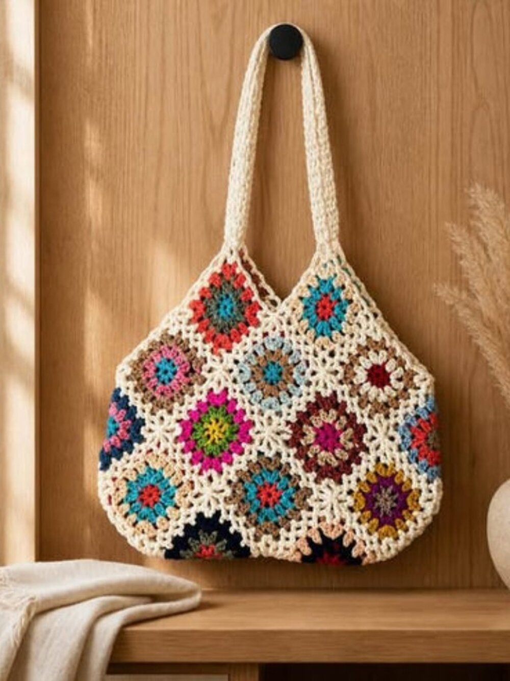 Handmade Crochet Granny Square Tote Bag Boho Shoulder Bag New